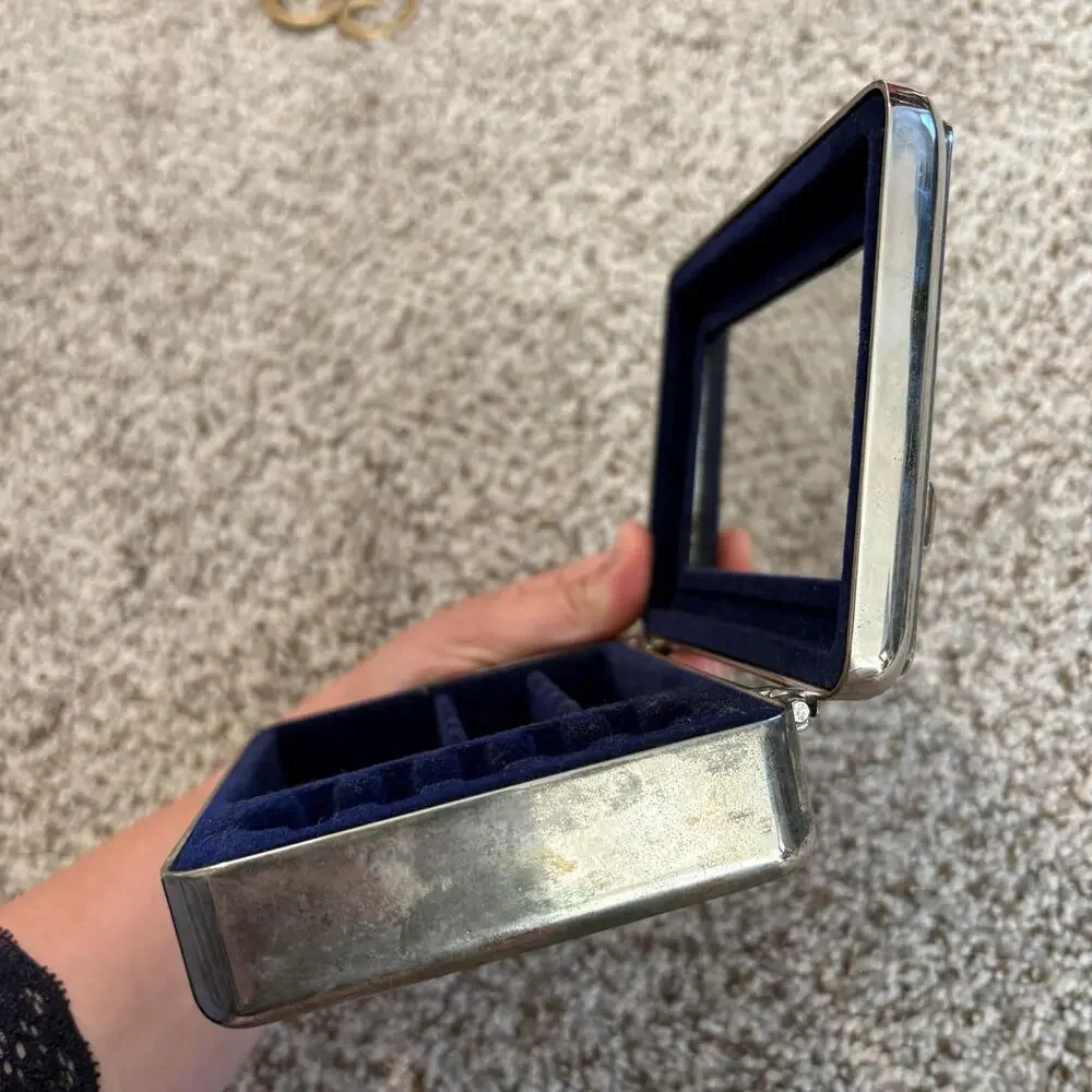 Vintage Silver-Plated Jewelry Box Gold Tone Bow, Blue Felt Interior with Mirror